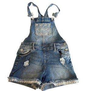 Jordache Girls Denim Overall Shorts Size L 10/12 Distressed Raw Cuff Lace